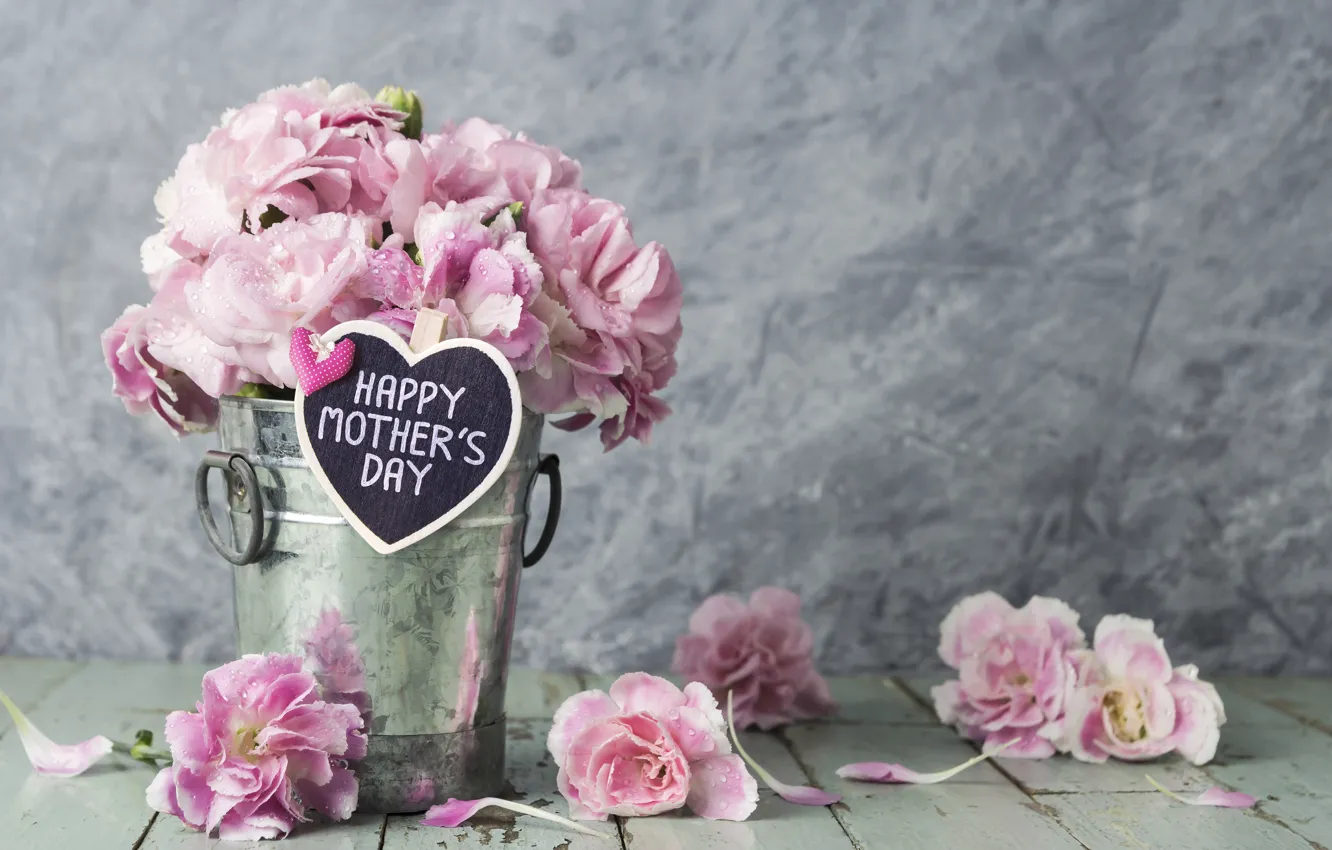 Photo wallpaper flowers, petals, bucket, pink, happy, vintage, wood, pink