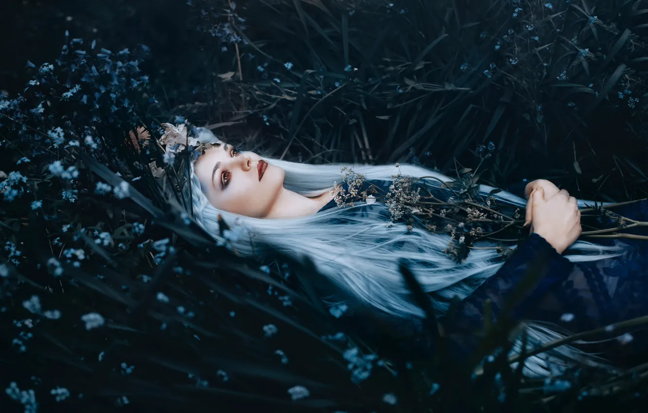 Photo wallpaper grass, girl, flowers, makeup, Bella Kotak, A river flows in you