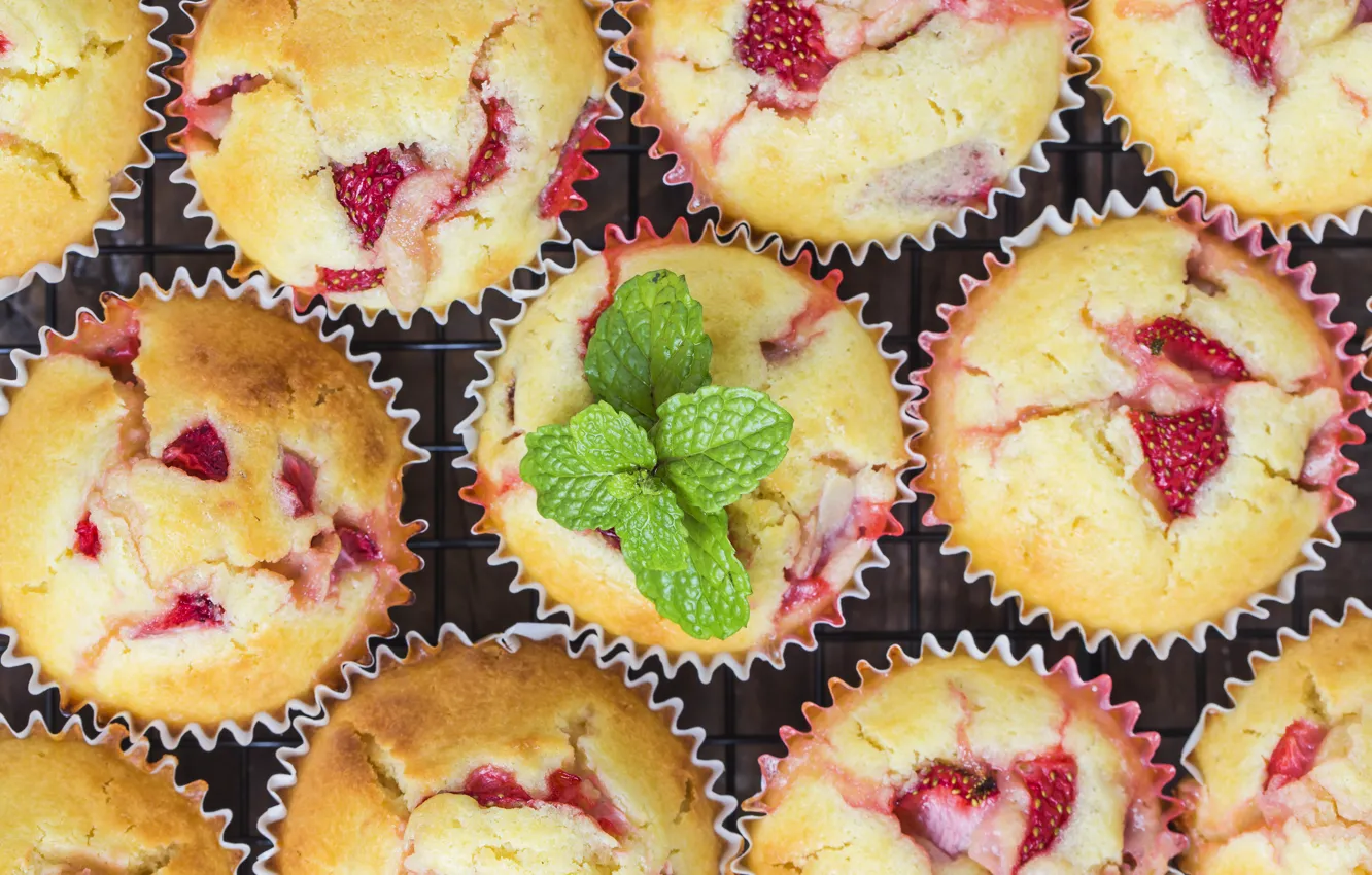 Photo wallpaper berries, cupcakes, cakes, food, strawberry