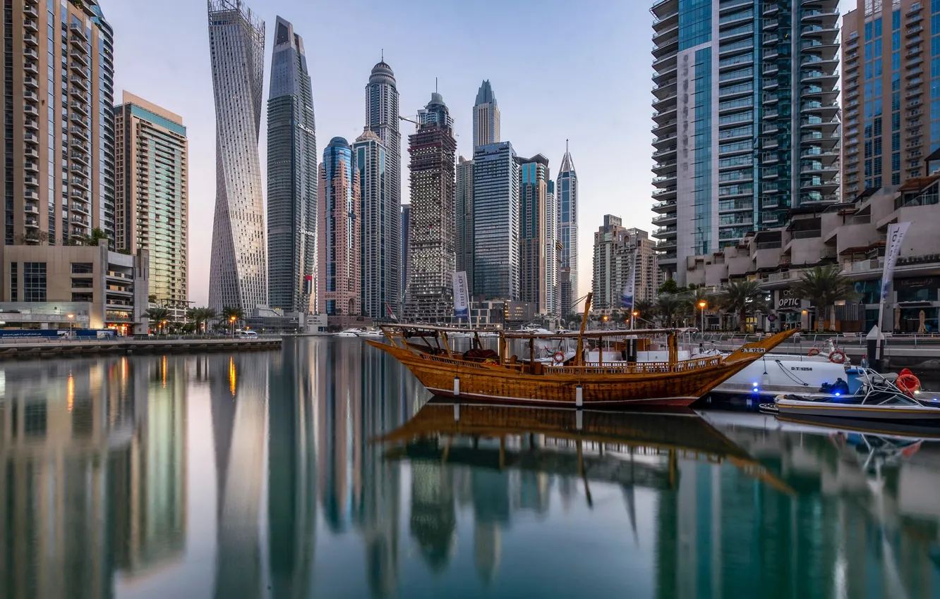 Photo wallpaper the city, reflection, shore, ship, building, home, skyscrapers, port