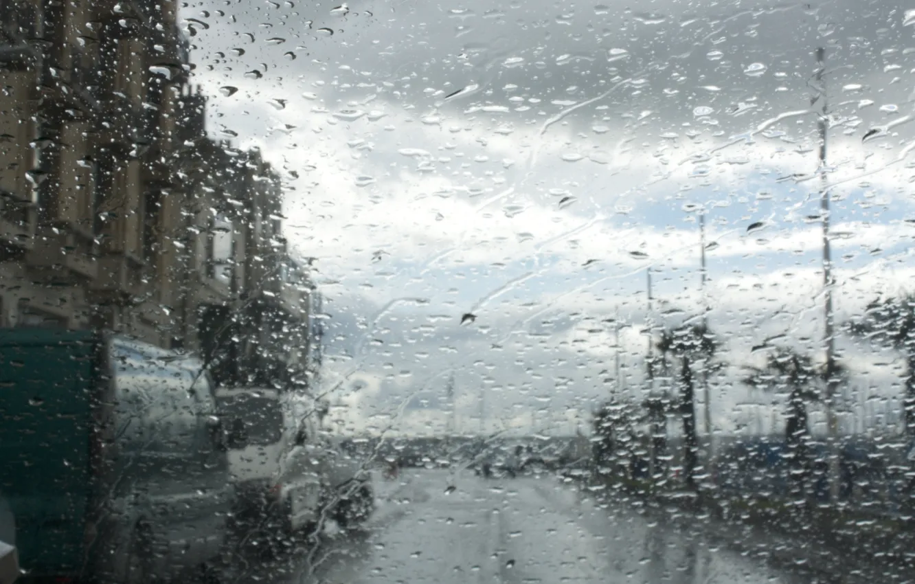 Photo wallpaper glass, water, drops, the city, rain, street