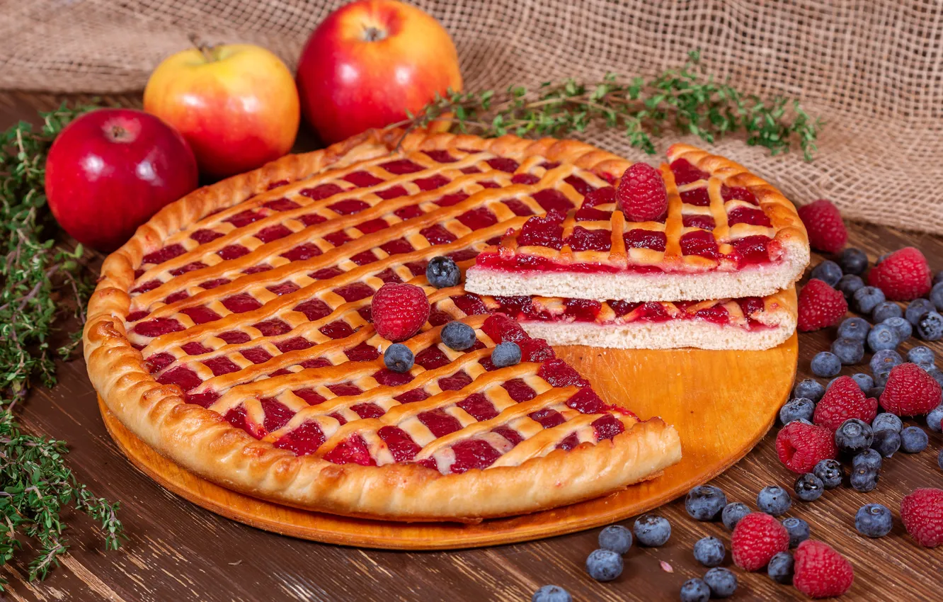 Photo wallpaper berries, raspberry, table, blueberries, pie