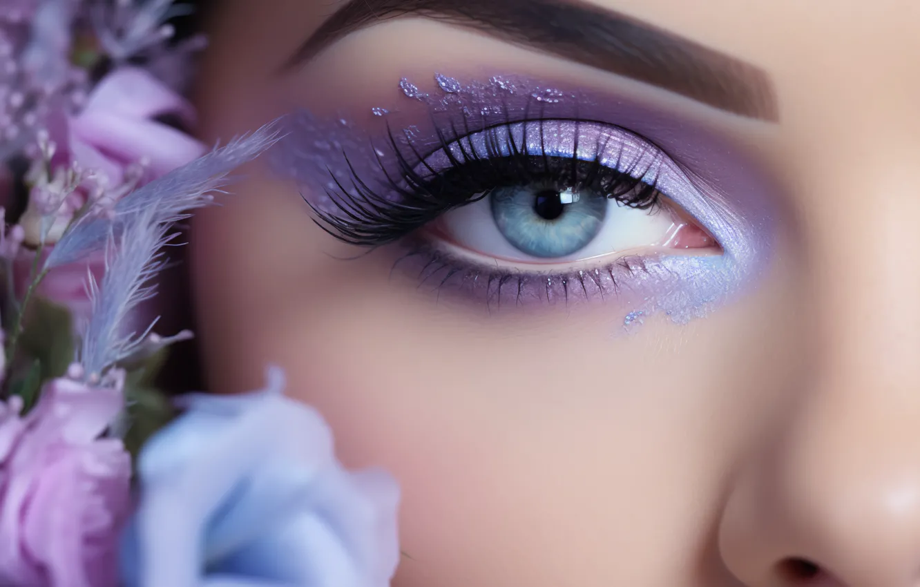 Photo wallpaper eyes, look, girl, flowers, face, makeup, AI art, neural network