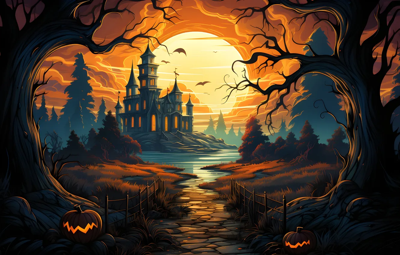 Photo wallpaper road, trees, night, clouds, the moon, home, Halloween, pumpkin