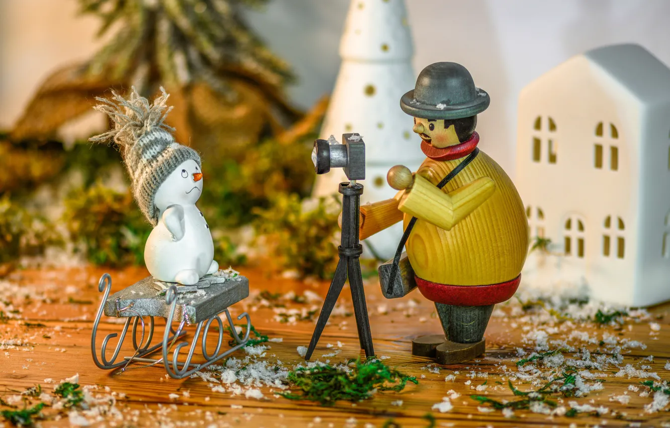 Photo wallpaper holiday, toys, Christmas, the camera, photographer, New year, snowman, sleigh