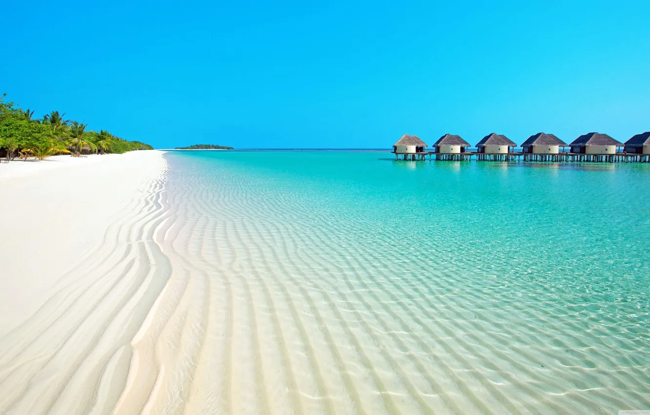 Photo wallpaper beach, sea, ocean, beautiful, sand, bungalow