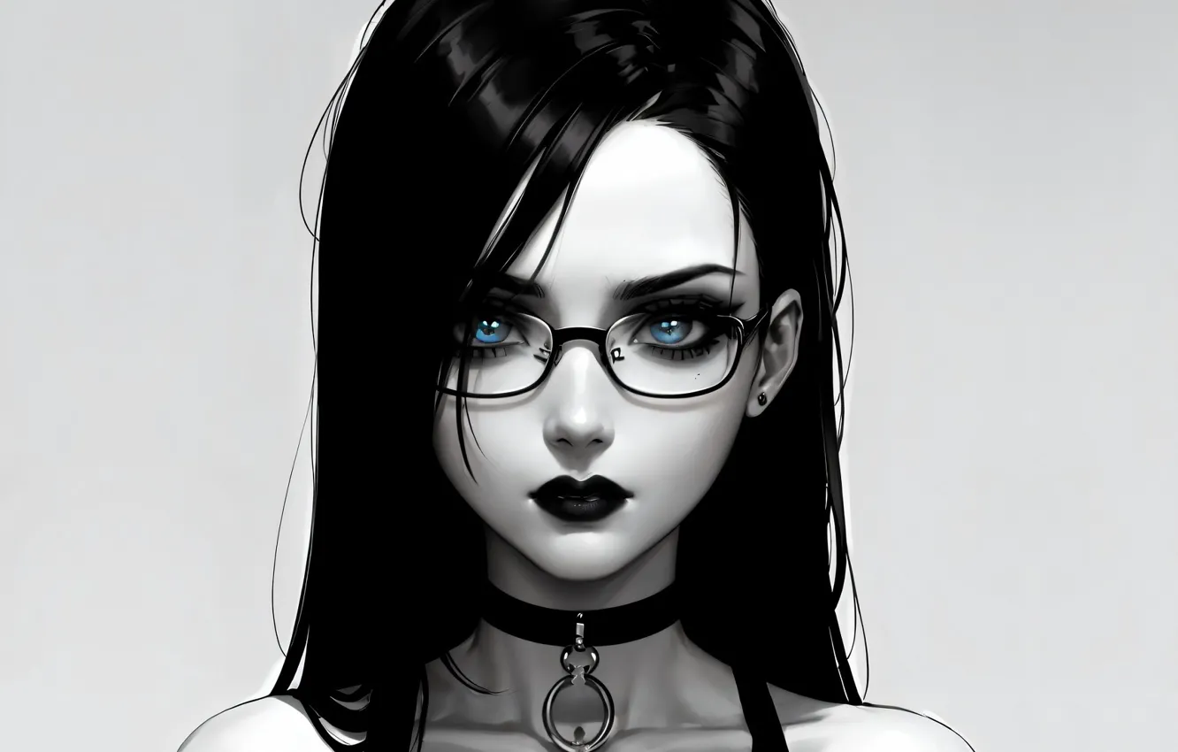 Photo wallpaper blue eyes, grey background, black hair, glasses, portrait of a girl, chalker