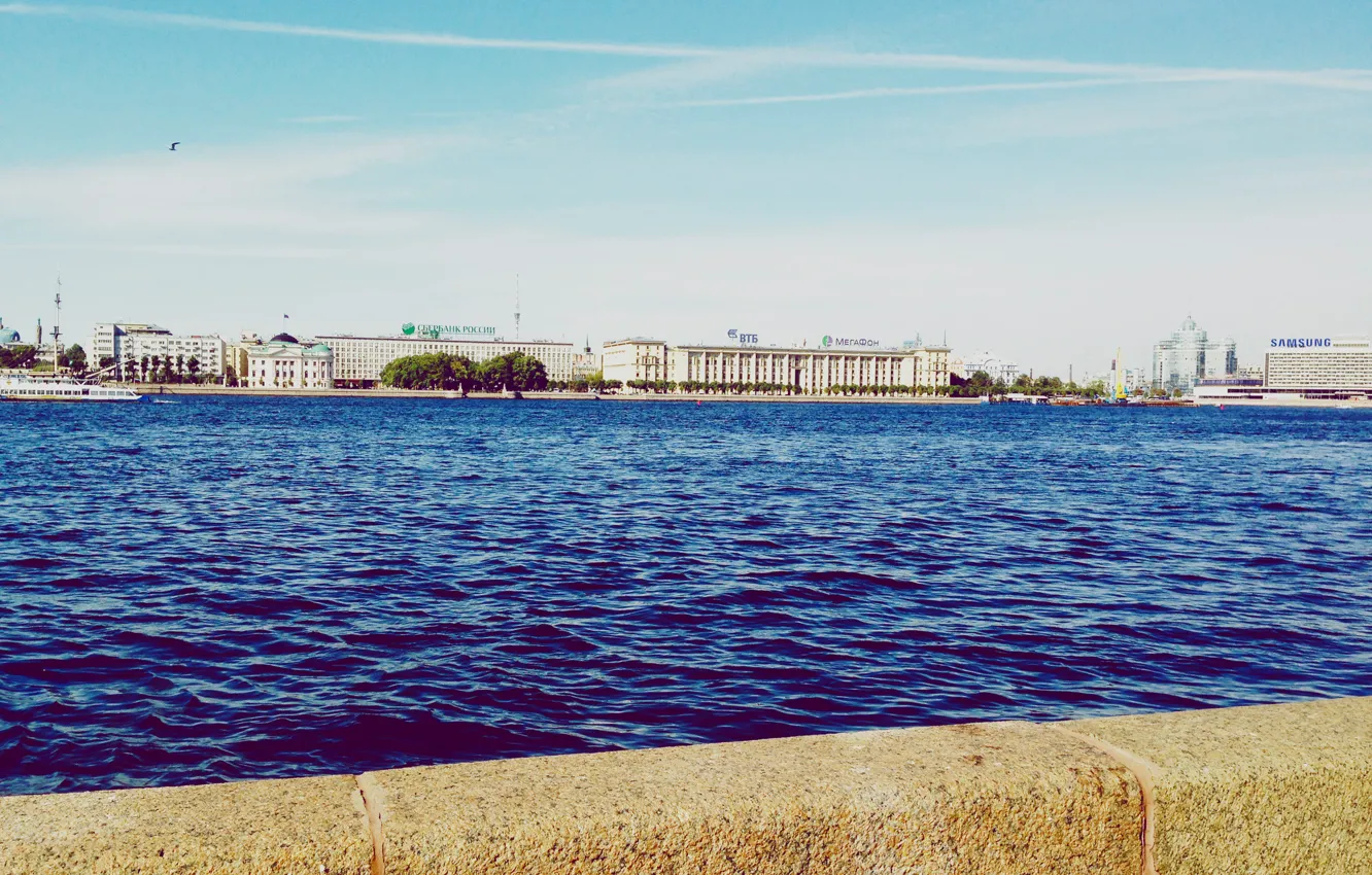 Photo wallpaper river, building, home, boats, Russia, promenade, Peter, Saint Petersburg