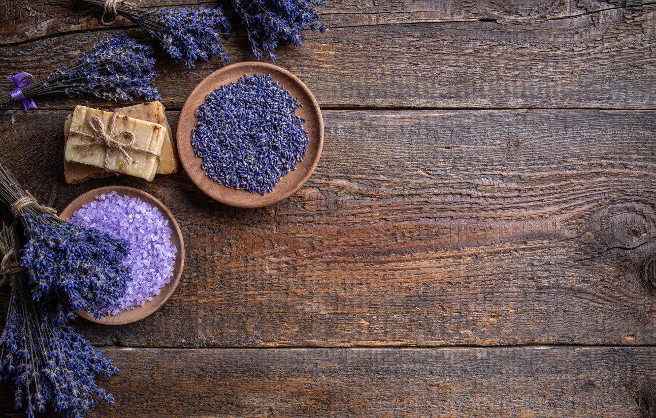 Photo wallpaper flowers, Board, soap, bowl, a bunch, lavender, lilac, composition