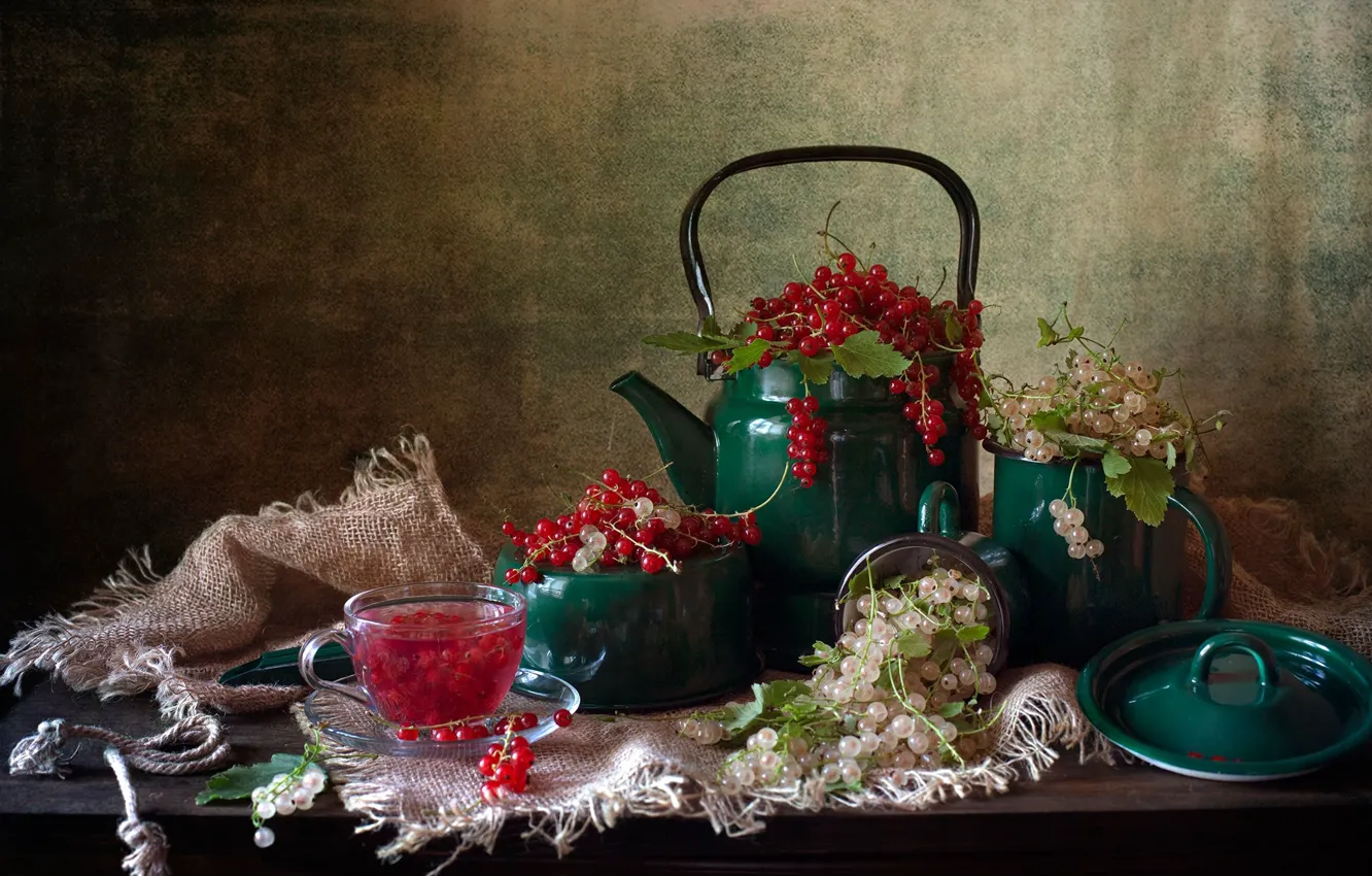 Photo wallpaper white, red, berries, table, food, kettle, mug, Cup