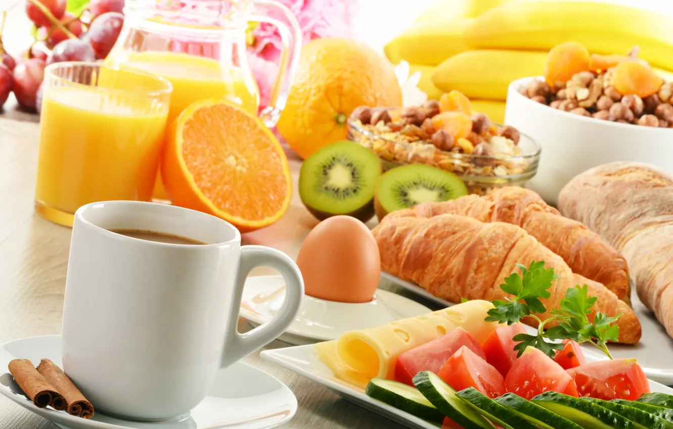 Photo wallpaper coffee, food, oranges, Breakfast, cheese, kiwi, juice, fruit