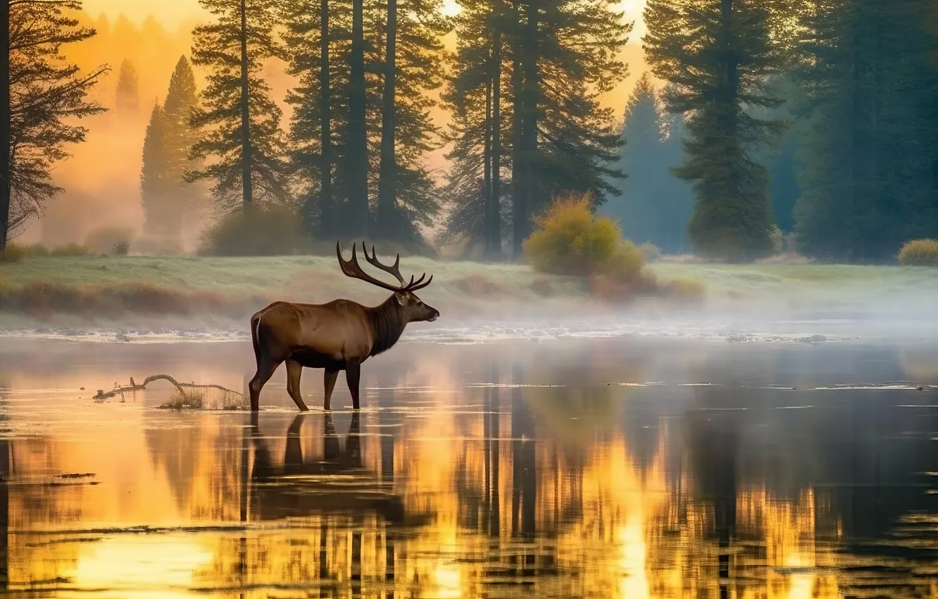 Photo wallpaper forest, trees, animals, landscape, nature, water, art, reflection