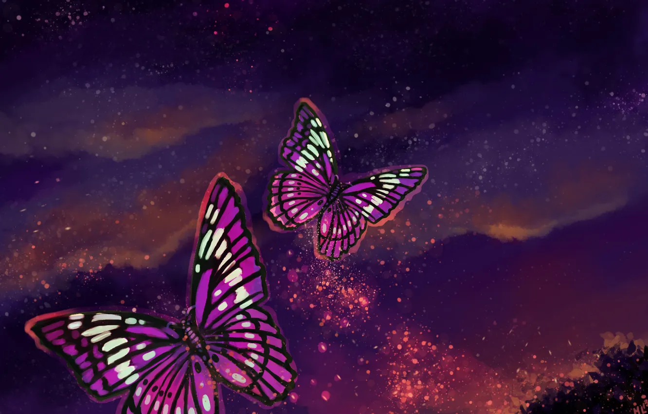 Photo wallpaper the sky, clouds, flight, butterfly, art