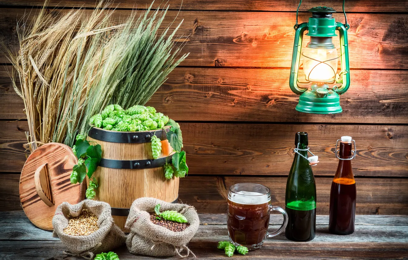 Photo wallpaper bottle, beer, spikelets, barrel, hops, kerosene lamp
