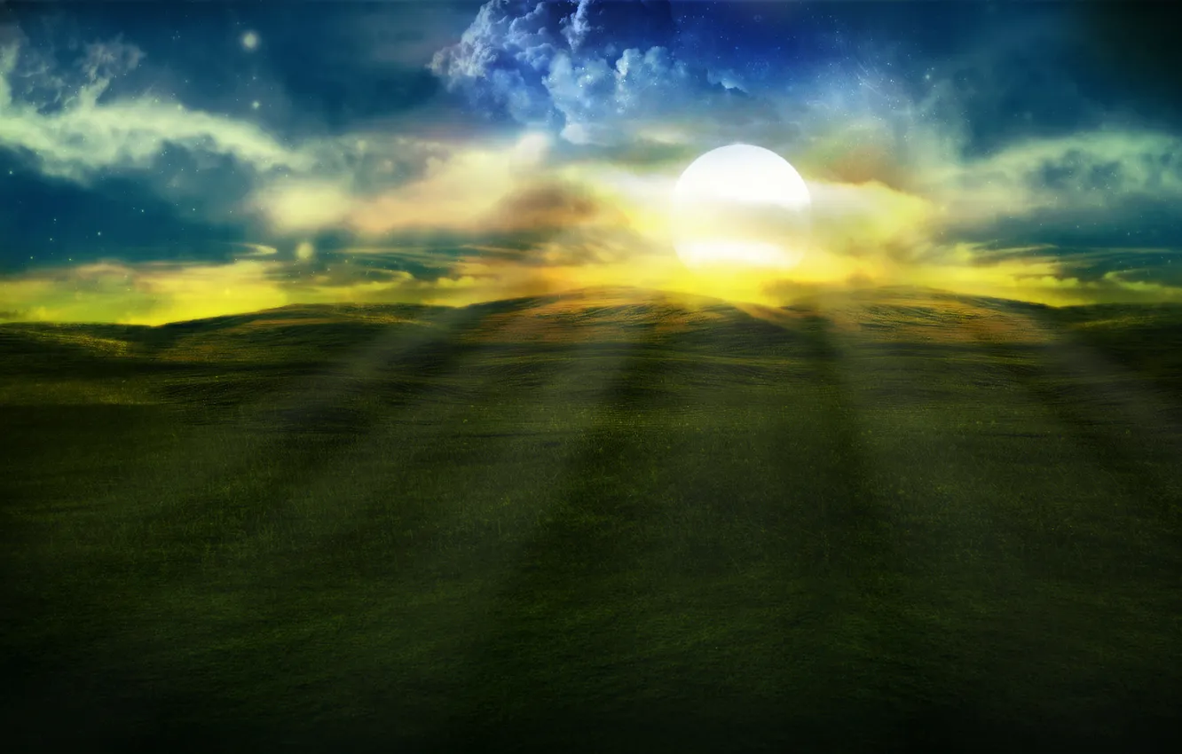 Photo wallpaper field, grass, the sun, landscape, photo, hills, rays of light