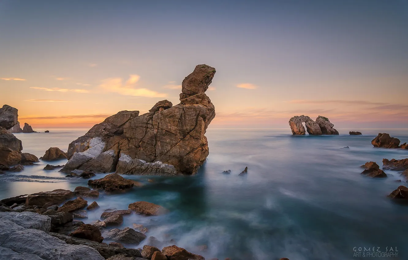 Photo wallpaper sea, rocks, dawn, coast