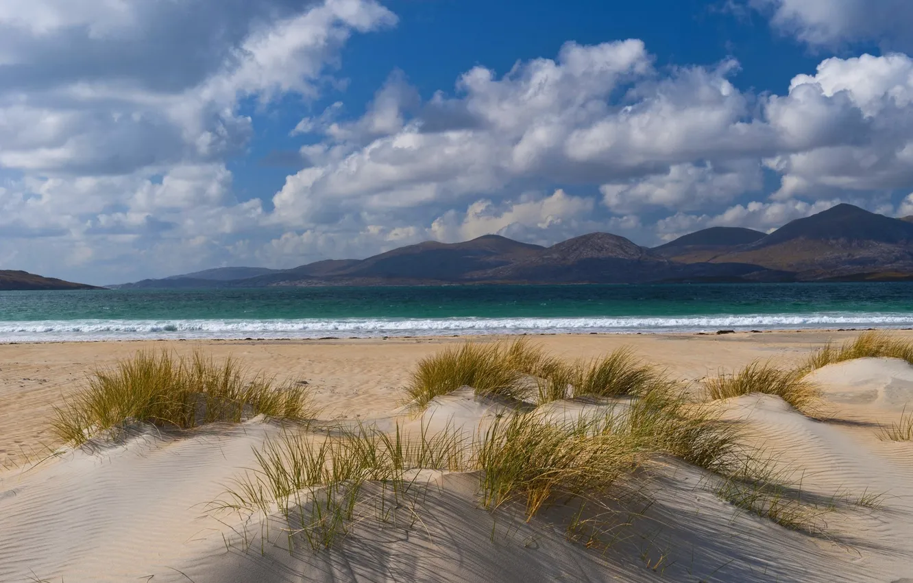 Photo wallpaper sand, grass, water, mountains, lake