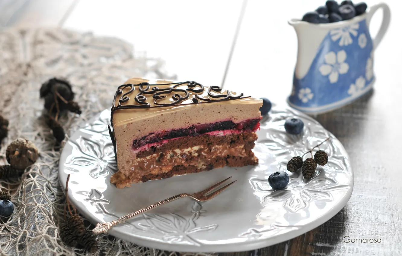 Photo wallpaper cake, plug, layers, blueberries
