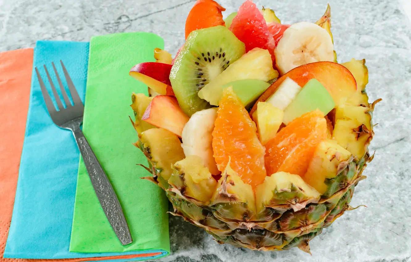 Photo wallpaper Apple, orange, kiwi, pineapple, banana, dessert, fruit salad