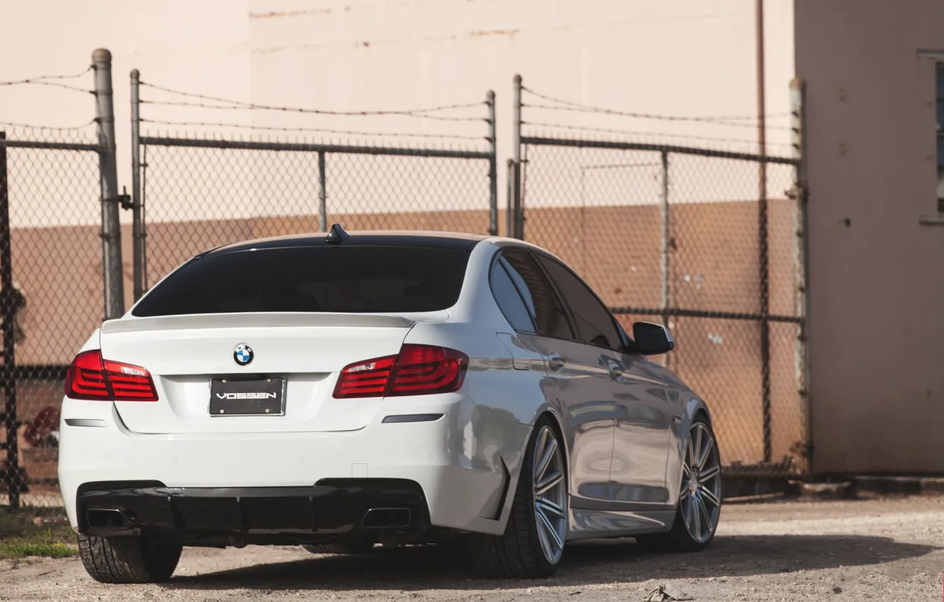 Photo wallpaper white, bmw, BMW, the fence, white, back, f10, tinted