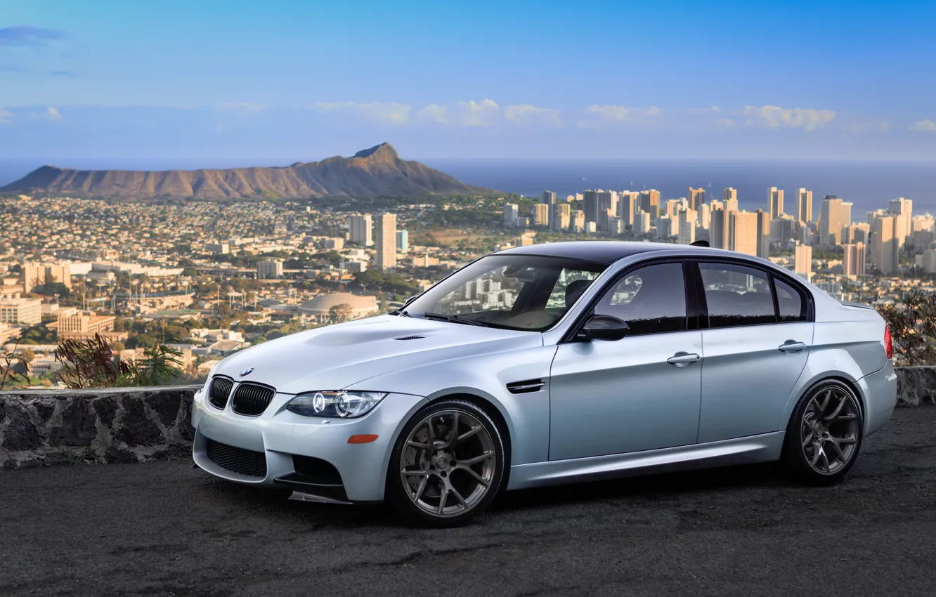 Photo wallpaper BMW, City, Sedan, E90, Silver, Sight