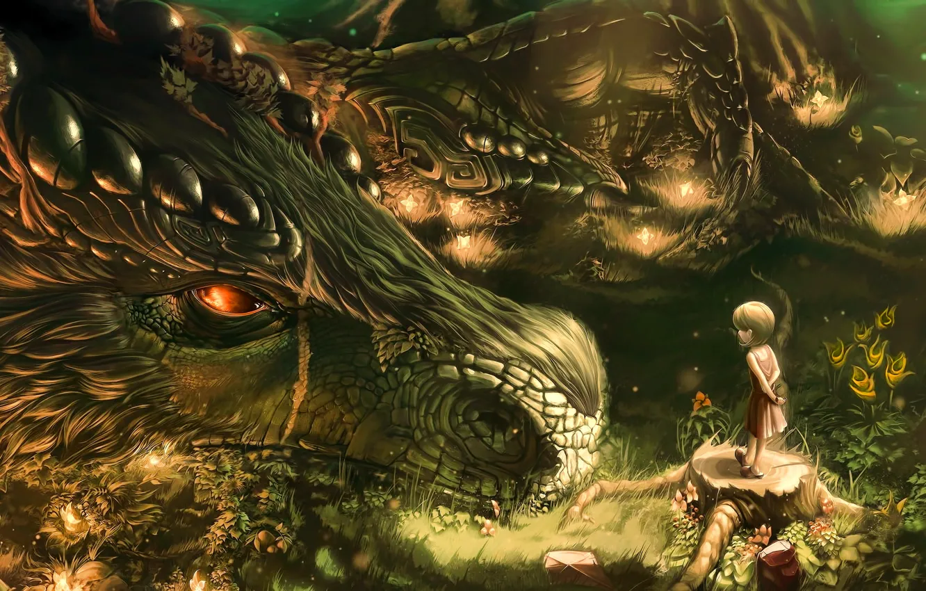 Photo wallpaper foliage, meeting, tale, lights, the conversation, legend, burning eyes, dress