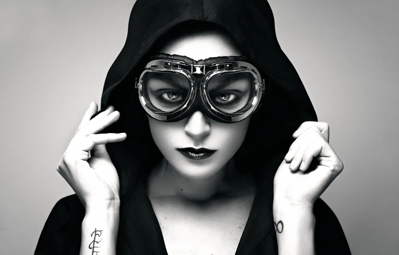 Photo wallpaper girl, portrait, tattoo, glasses, hood, Aviator
