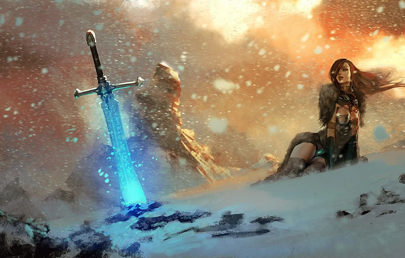 Photo wallpaper girl, snow, lights, rocks, magic, sword, runes