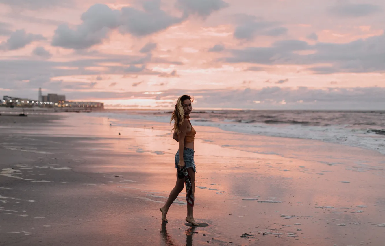Photo wallpaper sand, beach, the sky, girl, clouds, sunset, curls