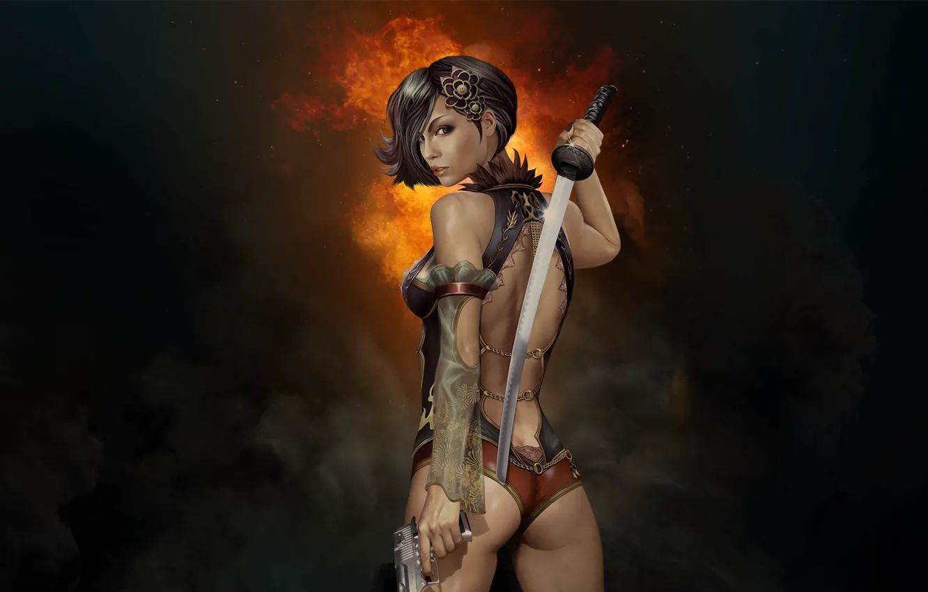 Photo wallpaper girl, gun, weapons, smoke, sword, katana, blade, Gunblade Saga