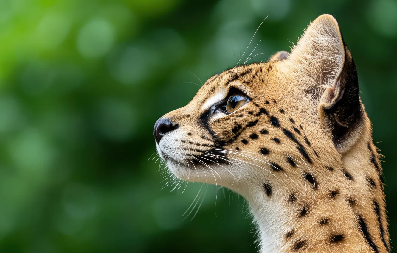 Photo wallpaper look, face, portrait, profile, wild cat, green background, bokeh, Serval