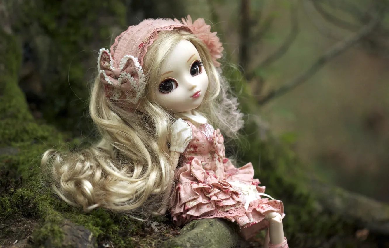 Photo wallpaper nature, toy, doll, dress, blonde, headband, sitting
