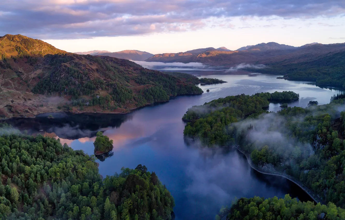 Photo wallpaper forest, mountains, lake, Scotland, panorama, Scotland, The Grampian mountains, Loch Katrine