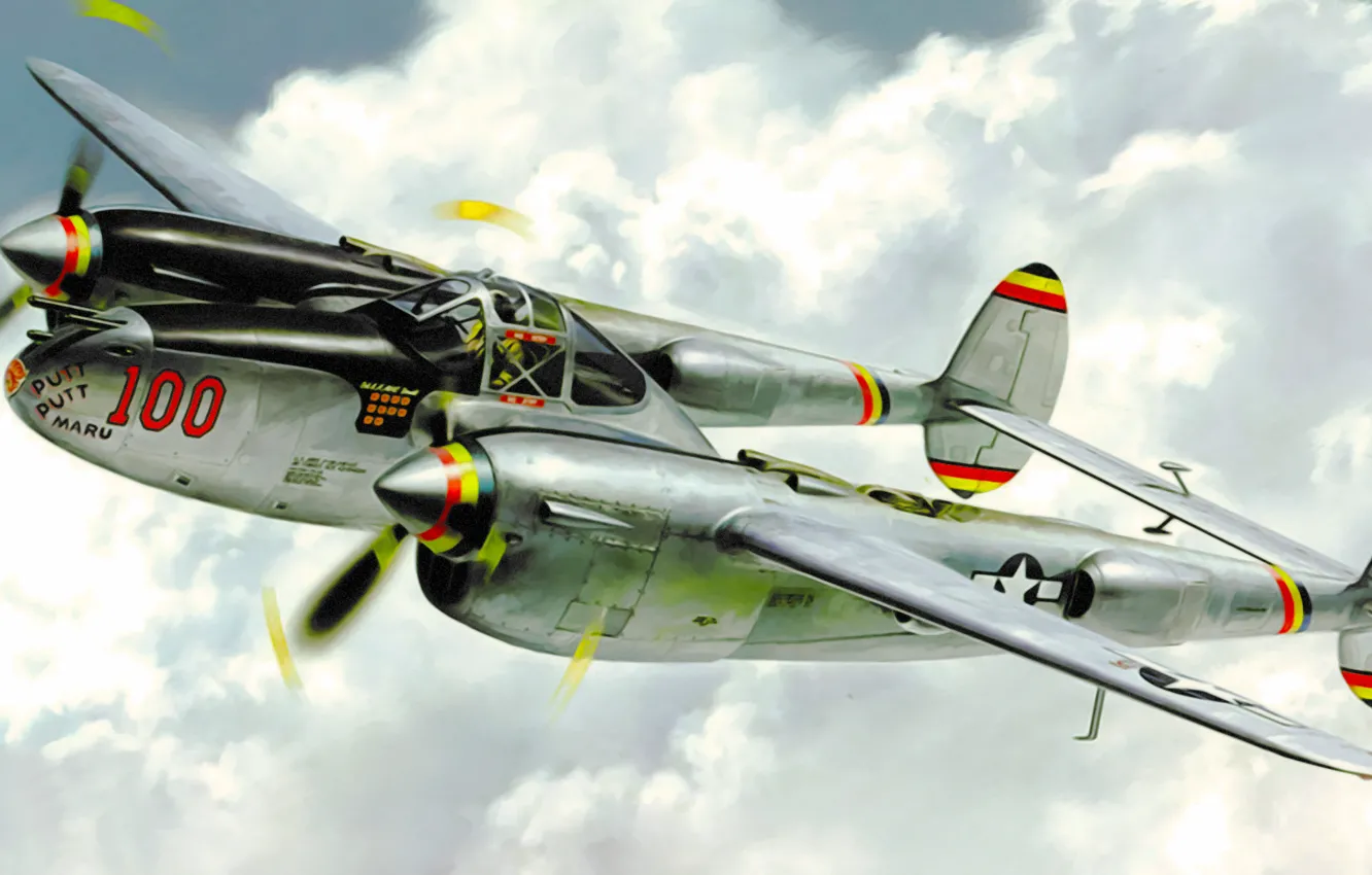 Photo wallpaper war, art, painting, aviation, Lockheed P-38 Lightning, ww2