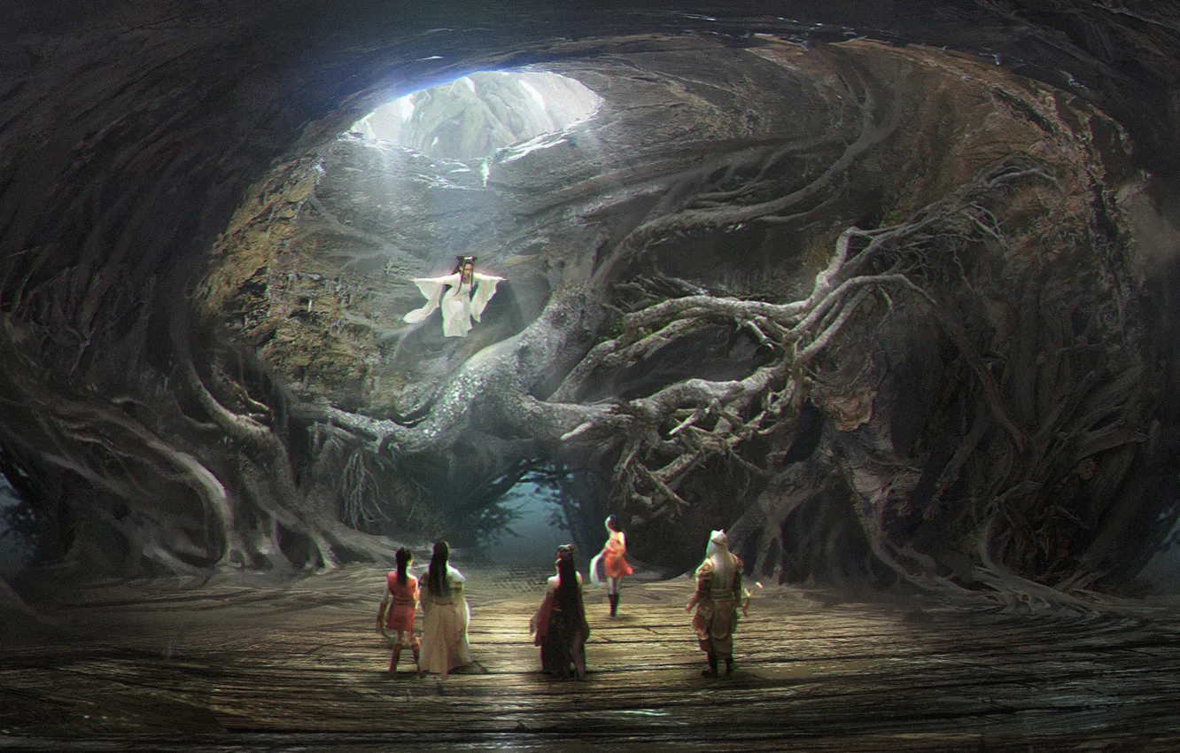 Photo wallpaper roots, people, cave, Love O2O Hollow concept
