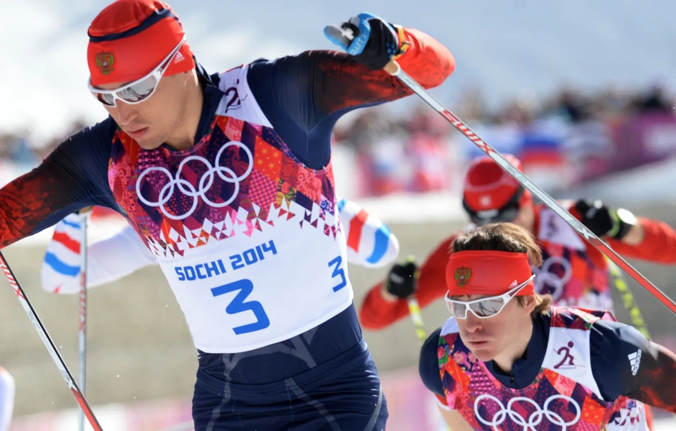 Photo wallpaper Olympics, Russia, skier, champion, Sochi 2014, Alexander Legkov, ski marathon, Maxim Vylegzhanin