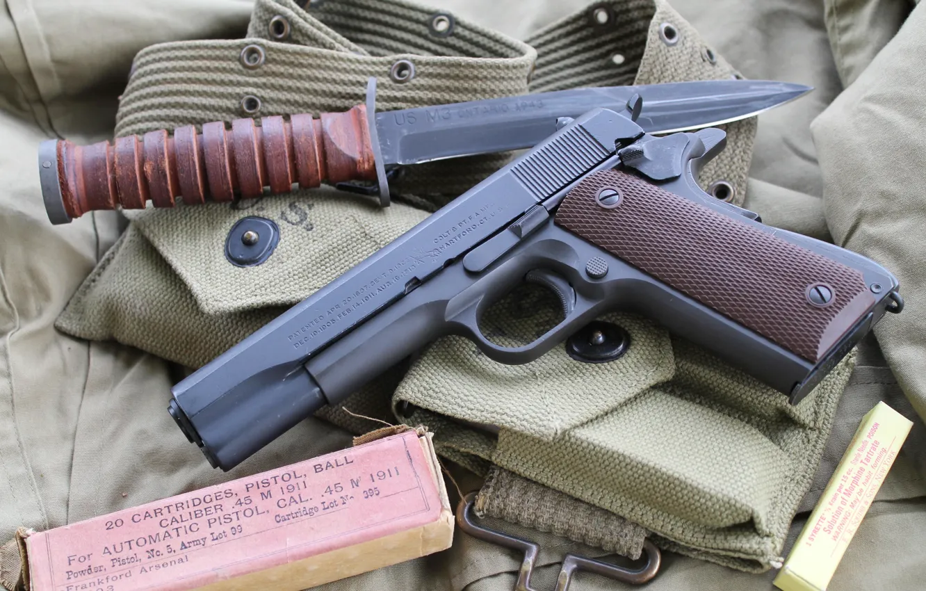 Photo wallpaper gun, weapons, knife, M1911, self-loading