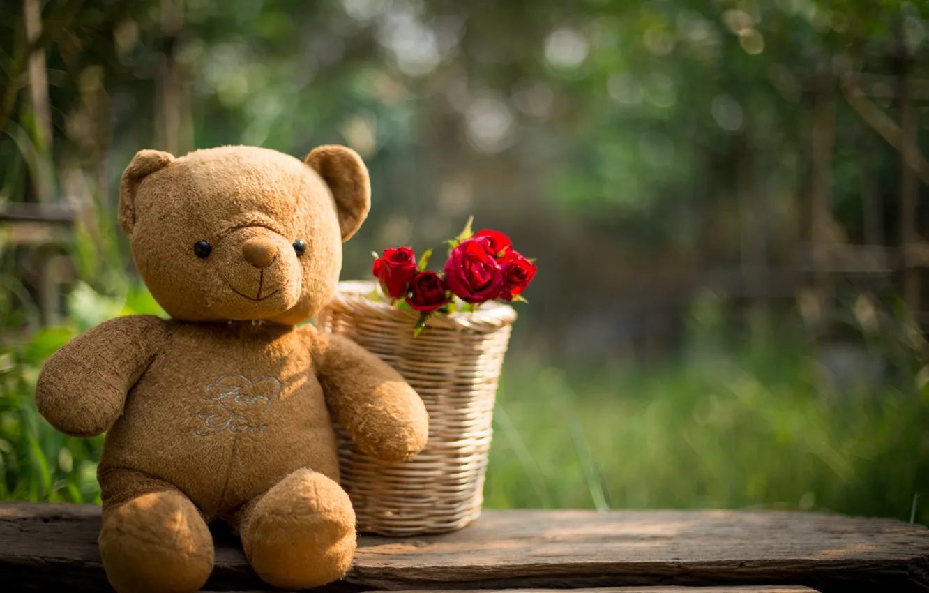 Photo wallpaper love, flowers, gift, toy, heart, roses, bear, red