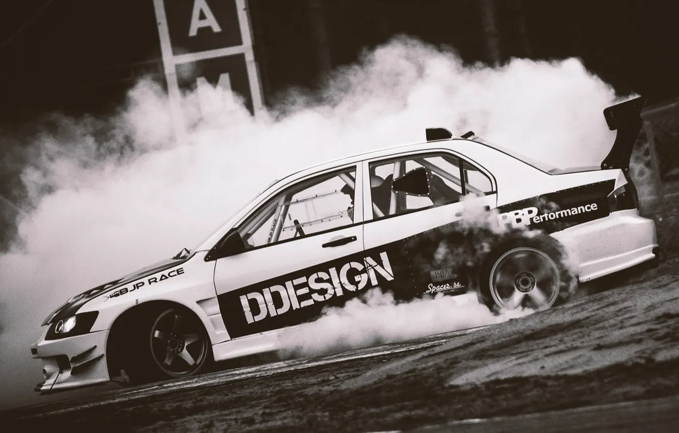 Photo wallpaper Mitsubishi, drift, drift, smoke, evolution, evo, Mitsubishi, cramps