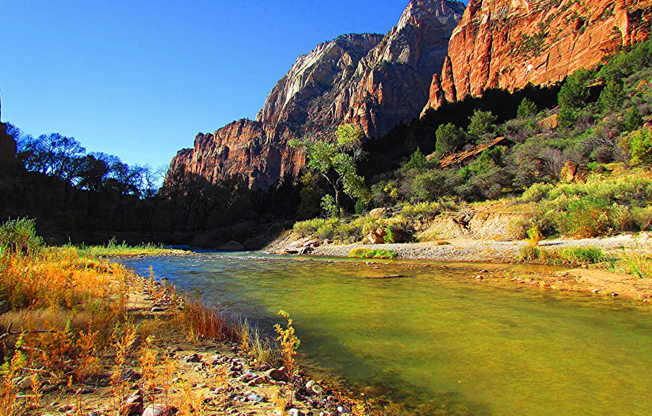 Photo wallpaper autumn, the sky, trees, mountains, river, stones, rocks