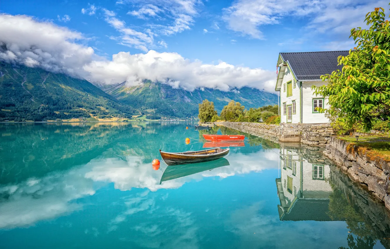 Photo wallpaper mountains, lake, house, reflection, boats, Norway