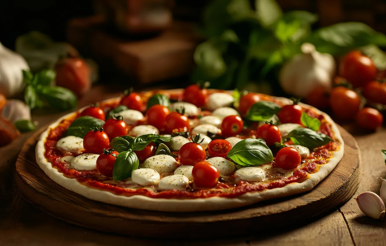 Photo wallpaper leaves, table, food, cheese, vegetables, pizza, tomatoes, cakes