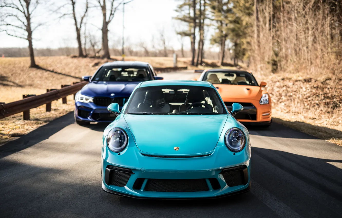 Photo wallpaper 911, Porsche, BMW, GTR, Orange, Nissan, Blue, Front
