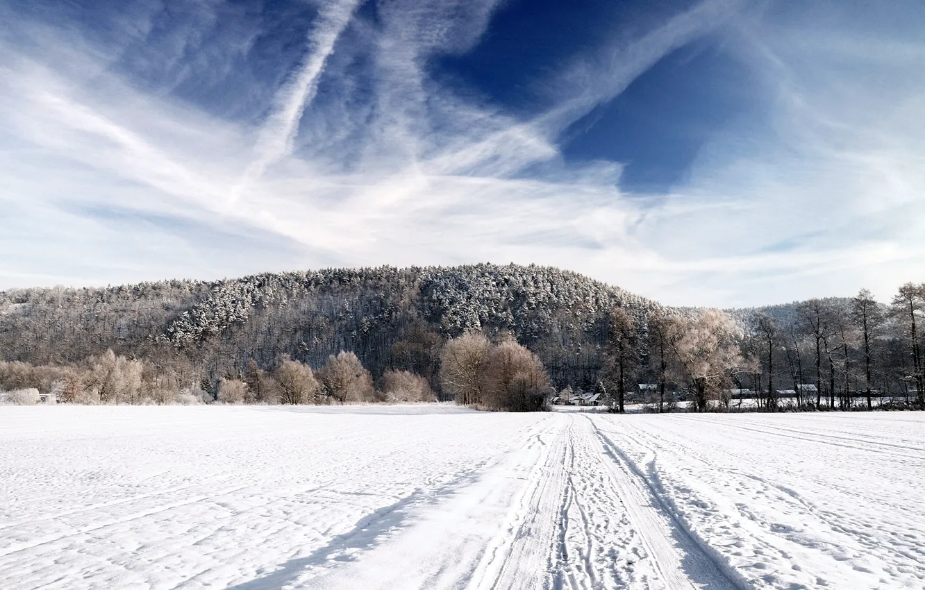 Photo wallpaper winter, road, field, forest, the sky, snow, landscape, nature