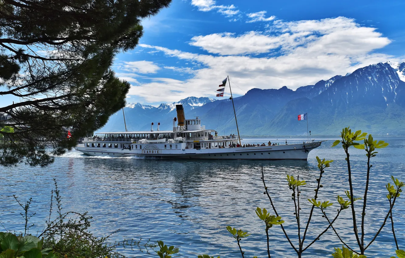 Photo wallpaper clouds, mountains, lake, Switzerland, ship, Montreux