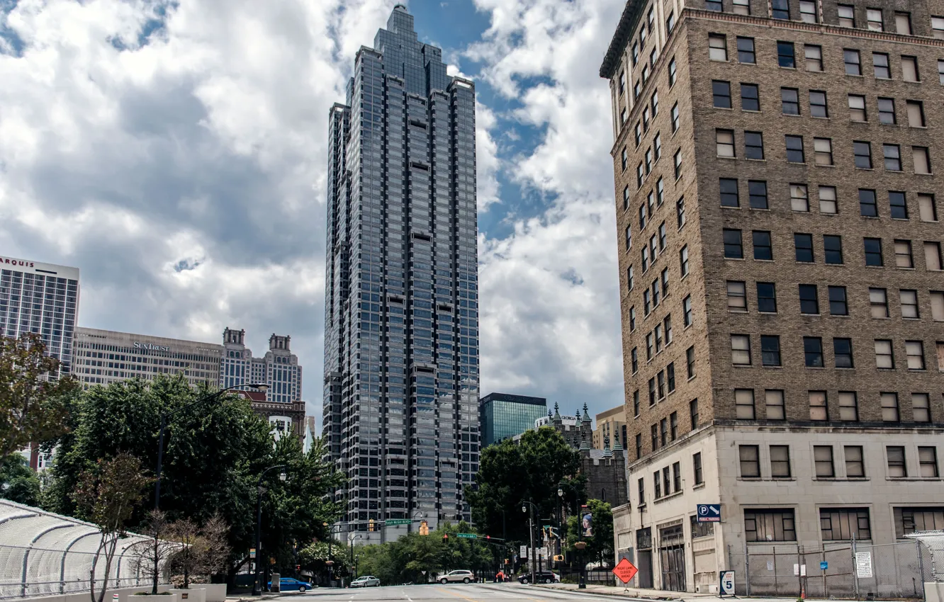 Photo wallpaper road, the sky, clouds, city, the city, the fence, building, home