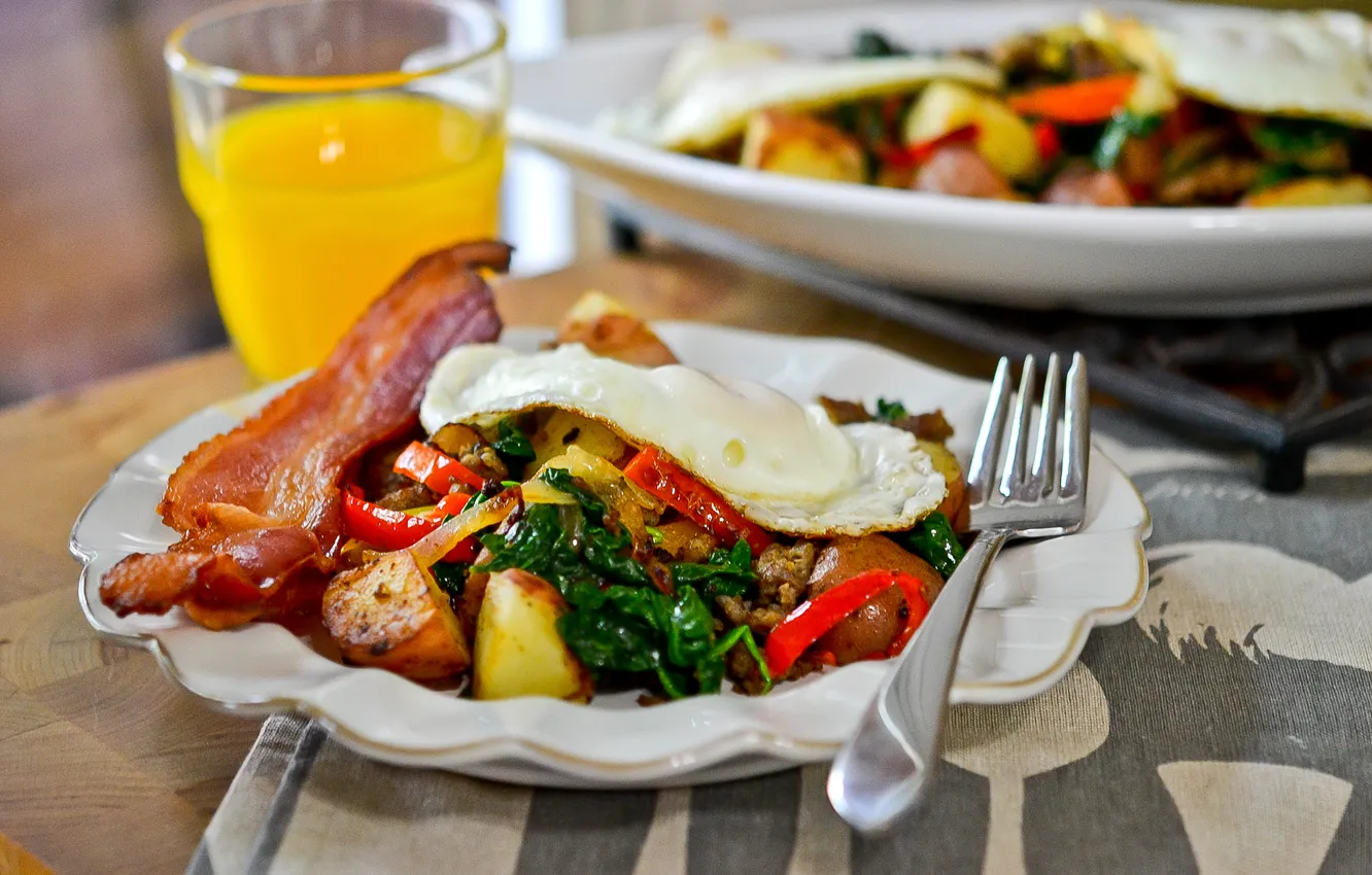Photo wallpaper egg, Breakfast, juice, plate, plug, bacon