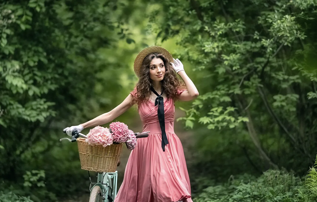 Photo wallpaper girl, flowers, nature, bike, pose, mood, basket, dress