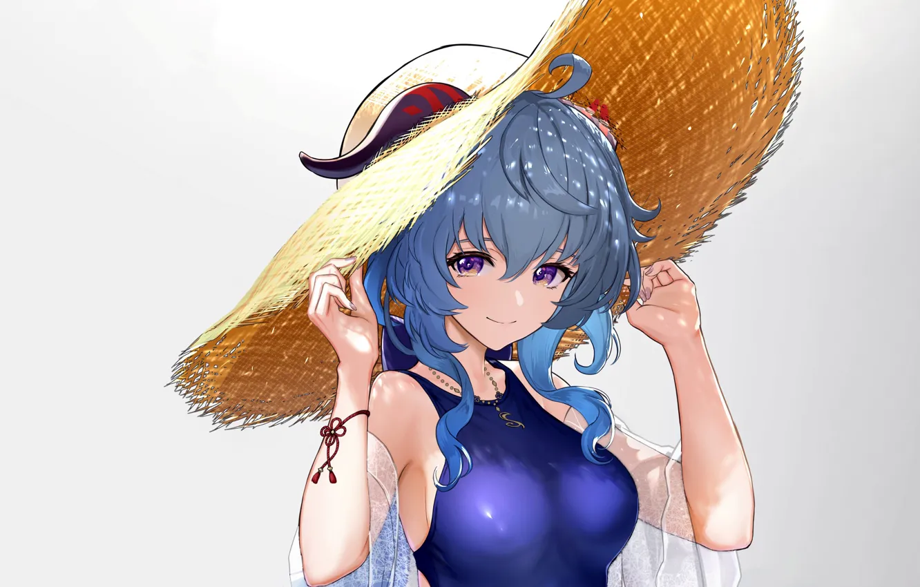 Photo wallpaper girl, sexy, horns, long hair, boobs, anime, beautiful, purple eyes