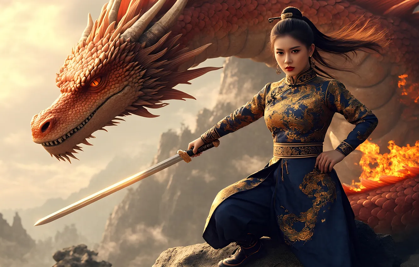Photo wallpaper girl, sword, Chinese, Asian, blue dress, The dragon is red